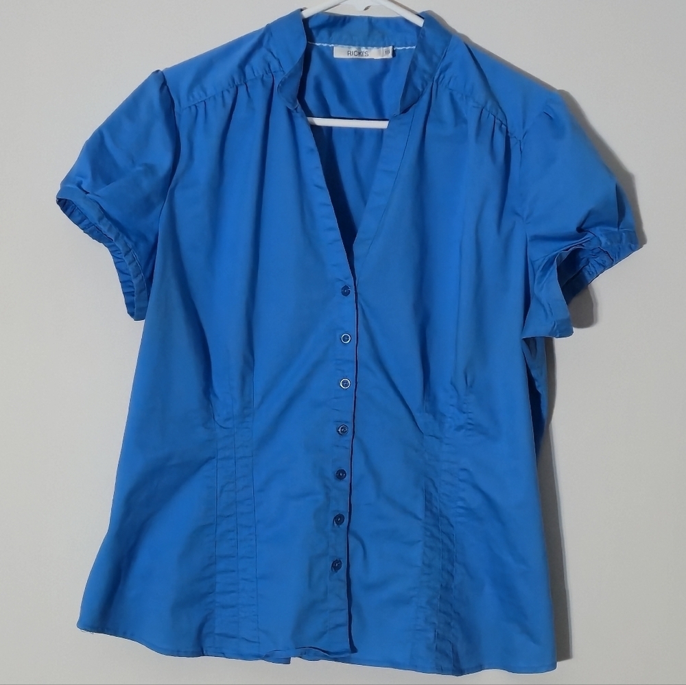 Ricki's Size 16 Bright Cyan Blue Short Sleeve V-Neck Button Front Blouse Office
